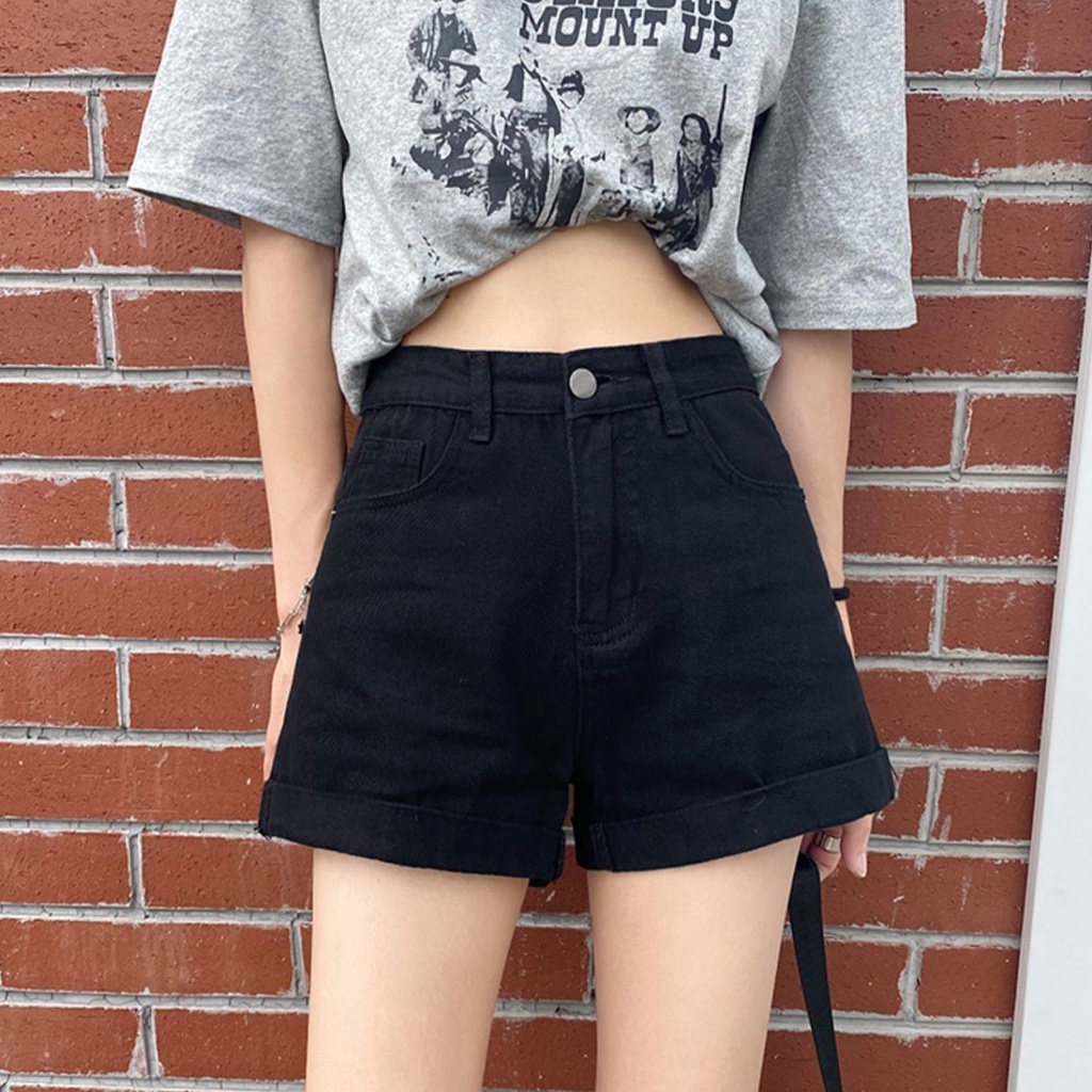 Quần short SUXI vải denim dáng chữ A lưng cao màu đen trơn cho nữ
