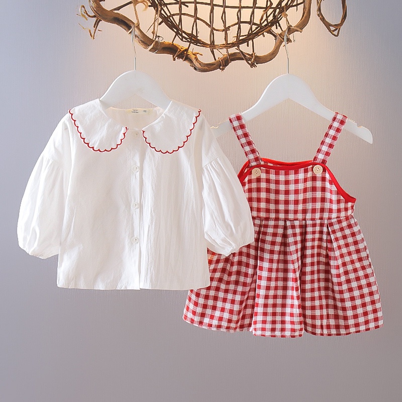 Set đồ hai món gồm áo sơ mi dài tay thêu họa tiết và chân váy caro thời trang cho bé