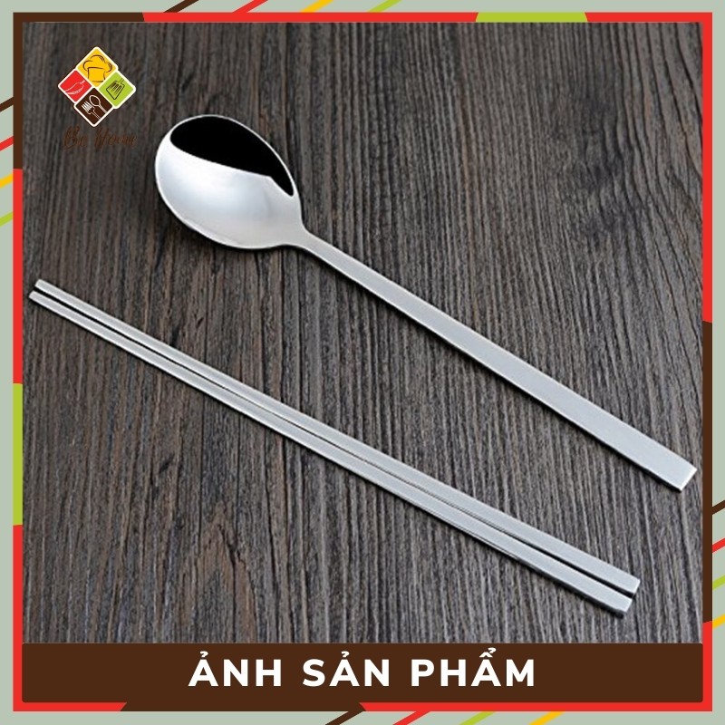 Bộ Đũa Thìa Inox BEHOME Đũa inox cán dài Thìa ăn cơm dẹt Hàn Quốc Sang Trọng - Chống trơn trượt [HÀNG CAO CẤP]