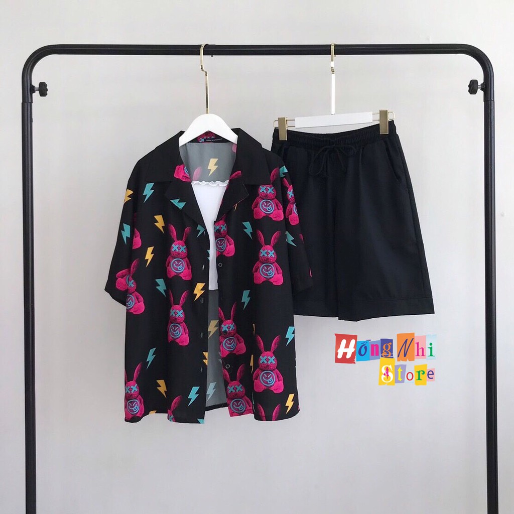 Áo sơ mi hoạ tiết tay lỡ dáng rộng, sơ mi hoa đi biển, sơ mi đen hình thỏ tay lửng unisex - mm | BigBuy360 - bigbuy360.vn