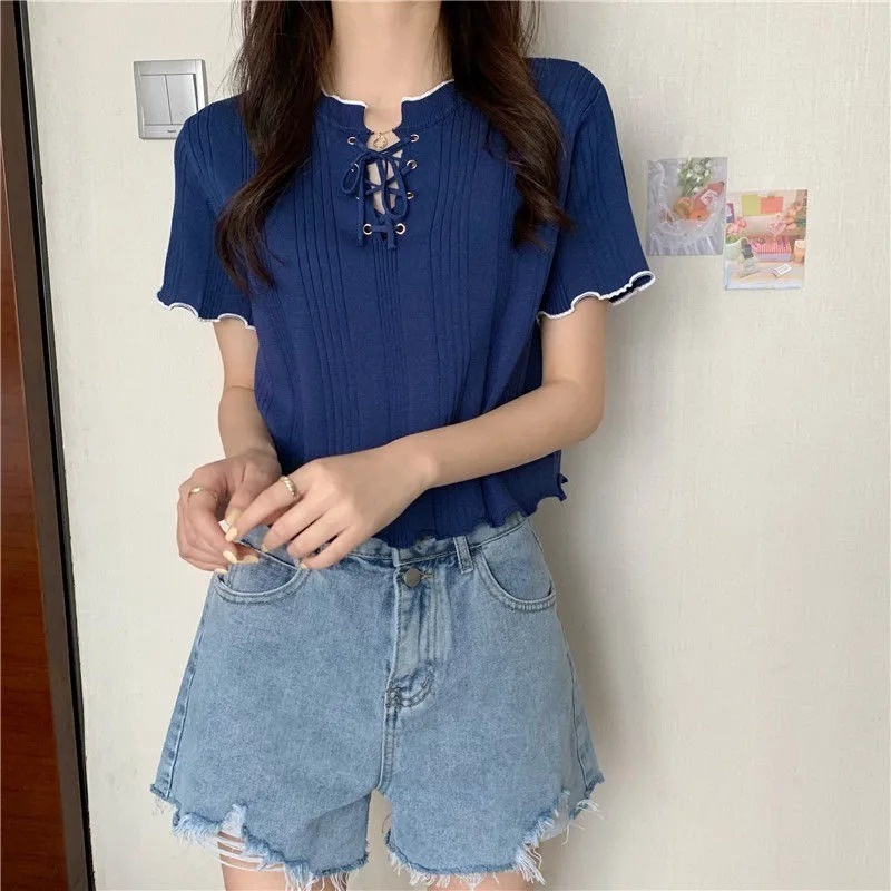 Áo Thun Dệt Kim Ngắn Tay Phối Dây Thắt Thời Trang Cá Tính