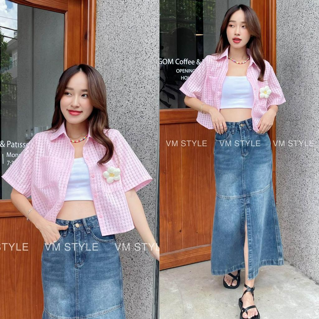 Áo sơ mi nữ VM Shop kiểu form croptop tay ngắn cổ bẻ 2 túi hộp gắn hoa 17358 ASU00184