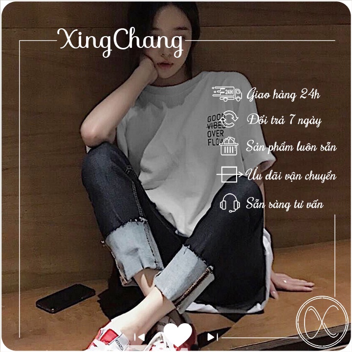 Áo thun nữ tay lỡ, Áo thun XingChang kiểu Hàn Quốc chất đẹp cute in Good Vibe mã TL63.0