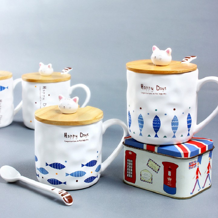 Cốc sứ hình mèo Happy Days có nắp đậy 400ml cao cấp