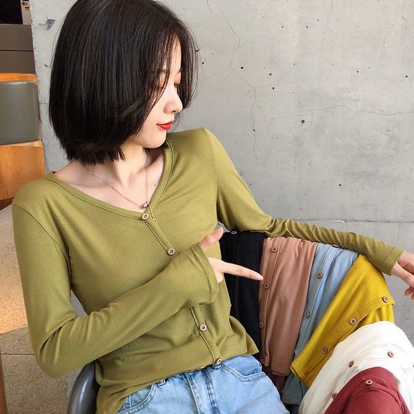 Áo thun len nữ tay dài cổ tim 5 cúc thời trang hàn quốc