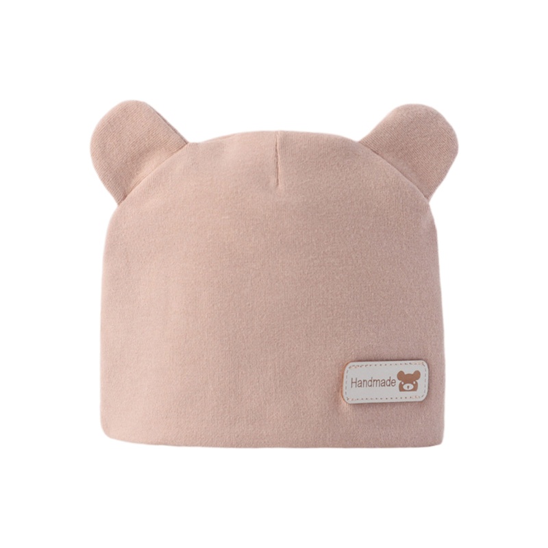 Mũ Beanie Cotton Màu Trơn Co Giãn Đính Tai Gấu Dễ Thương Cho Bé Sơ Sinh 0-6 Tháng Tuổi