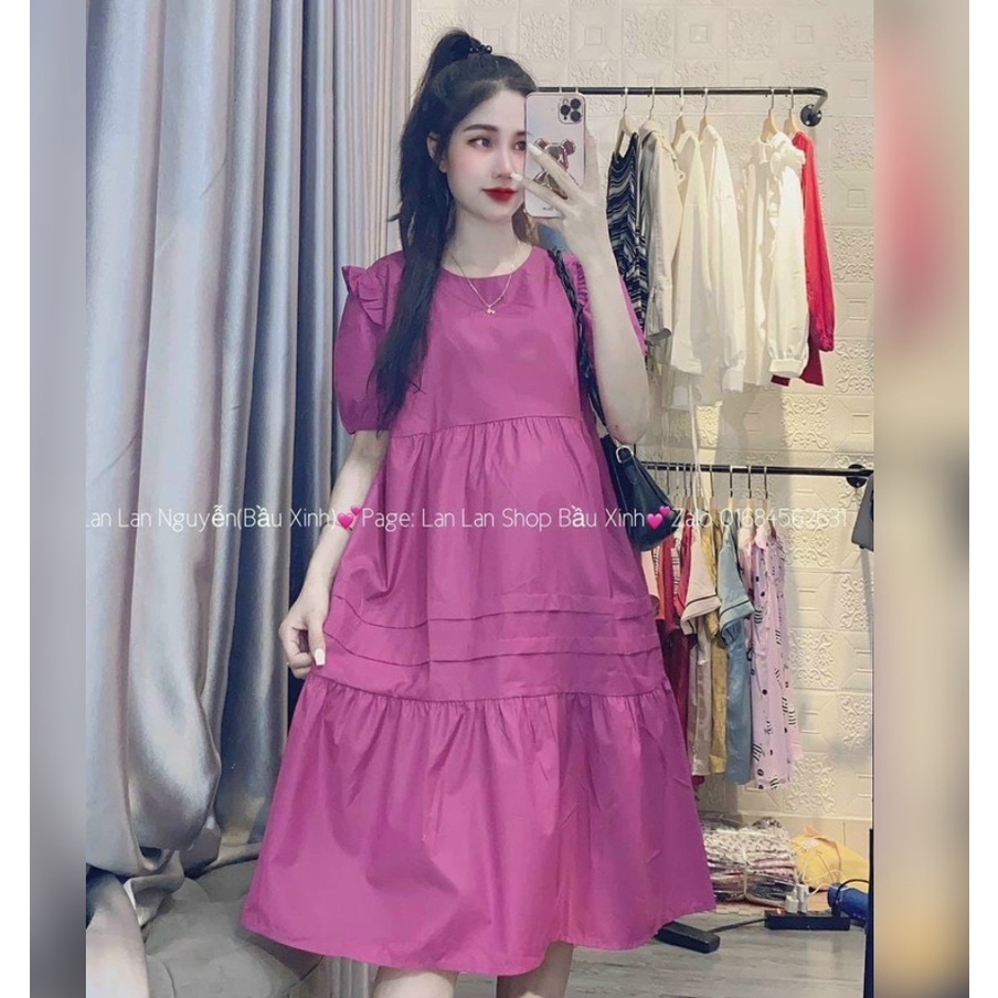 Váy Bầu Tết Dáng Babydoll Mùa Hè Công Sở Màu Xanh Đầm Bầu Xinh Thiết Kế Đẹp Dáng Rộng Mặc Đi Làm HD2664 Honey Mommy