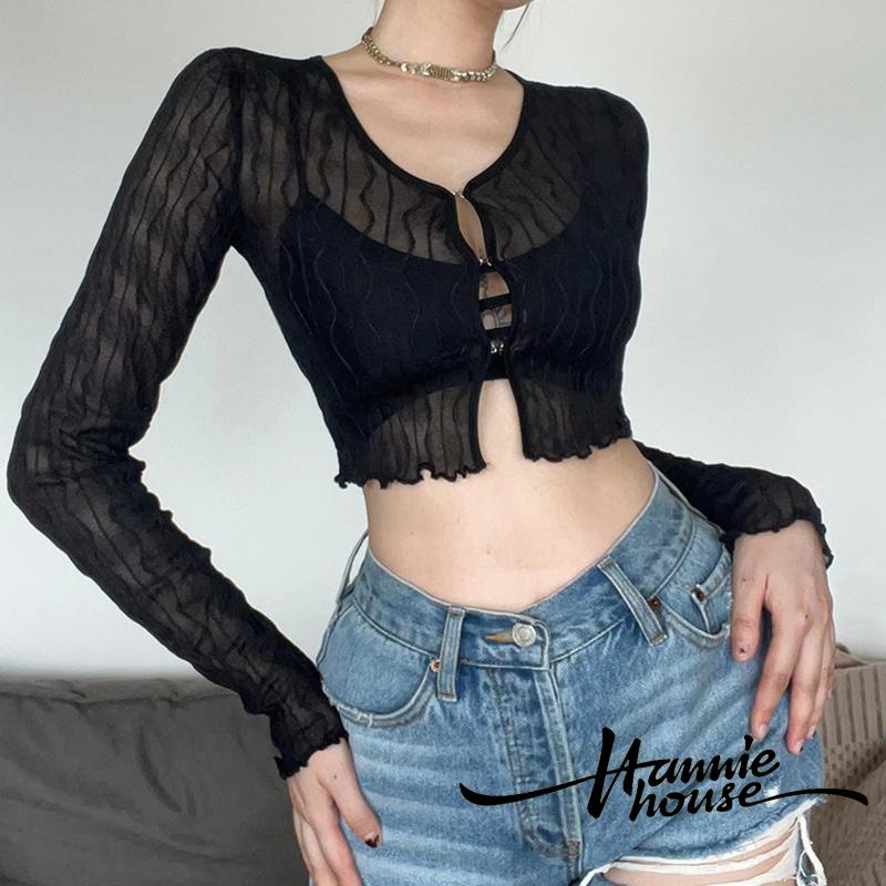 Hannie-áo Sơ Mi Mỏng Phối Khóa Kim Loại Nhìn Thấy Cho Nữ