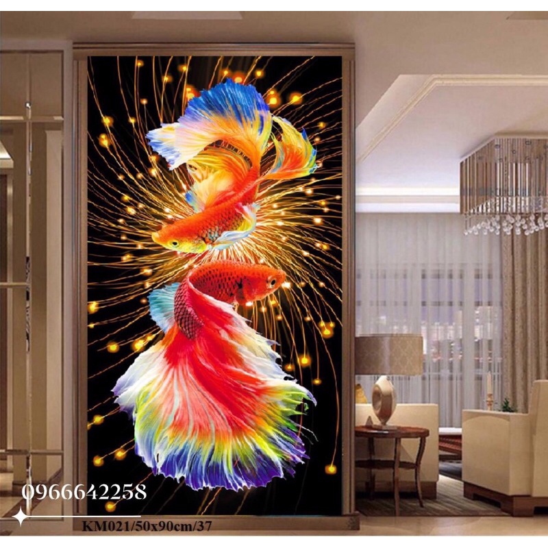 tranh thêu chữ thập cá koi đẹp msp Km021 kích thước 50x90 cm