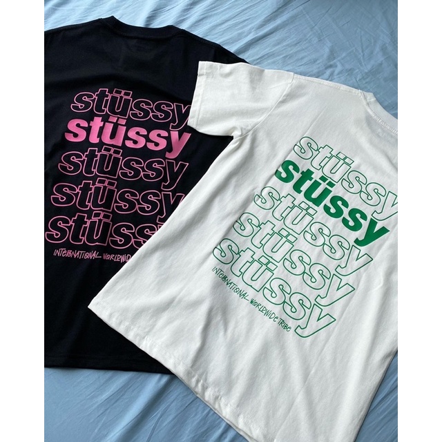 Áo thun thời trang Stussy phối màu kem xanh , đen hồng