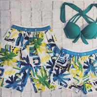 (Giảm giá)Set bikini đôi đi biển hoạ tiết hàng dừa nắng mặt trời, nữ 42-60kg, nam 50-90kg