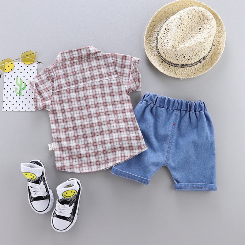 Set áo sơ mi kẻ sọc caro + quần short jean thời trang năng động cho bé trai