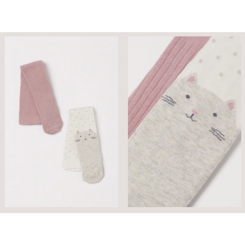 Set gồm 2 quần tất len hồng trơn và ghi hoạ tiết mặt mèo săn sale China sz 2-6m