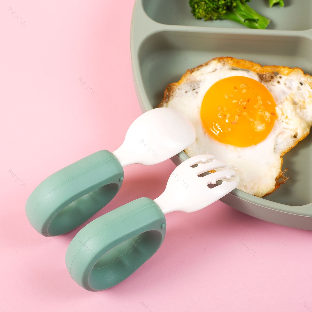 Bộ Thìa Nĩa Cán Tròn Silicone Tập Xúc, Tập Ăn Cao Cấp Thương Hiệu Baby'si Cho Bé Ăn Dặm