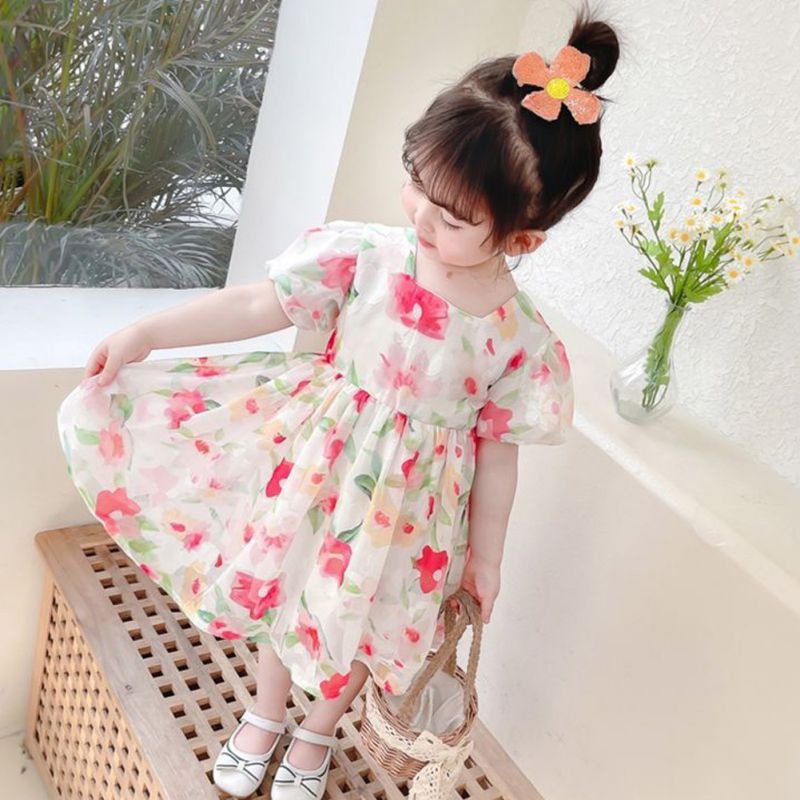 Đầm Bé Gái Đầm Công Chúa Mùa Hè Cổ Vuông Tay Cộc Kiểu Hàn Quốc Cho Bé Gái Se7En