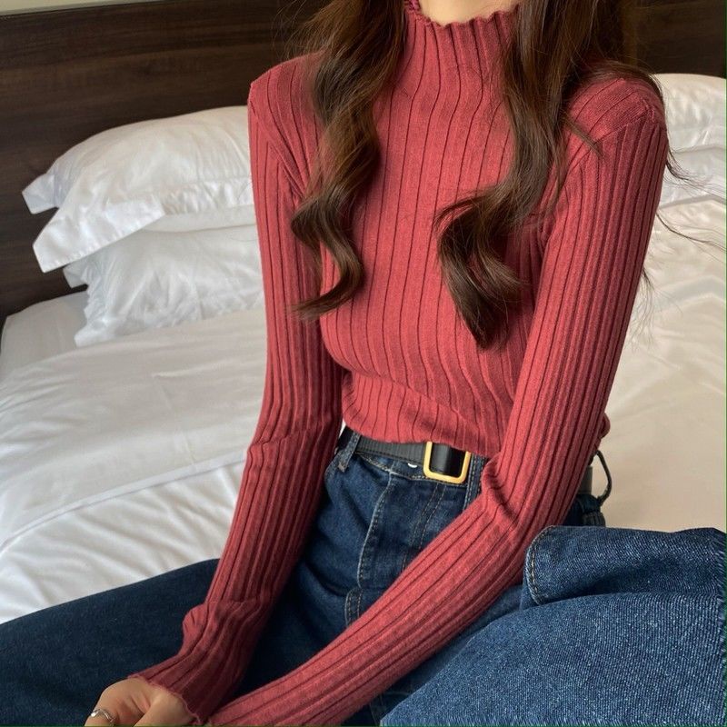 Áo Dệt Kim Cổ Lọ Tay Dài Dáng Ôm Họa Tiết Kẻ Sọc Thời Trang Mùa Đông Cho Nữ