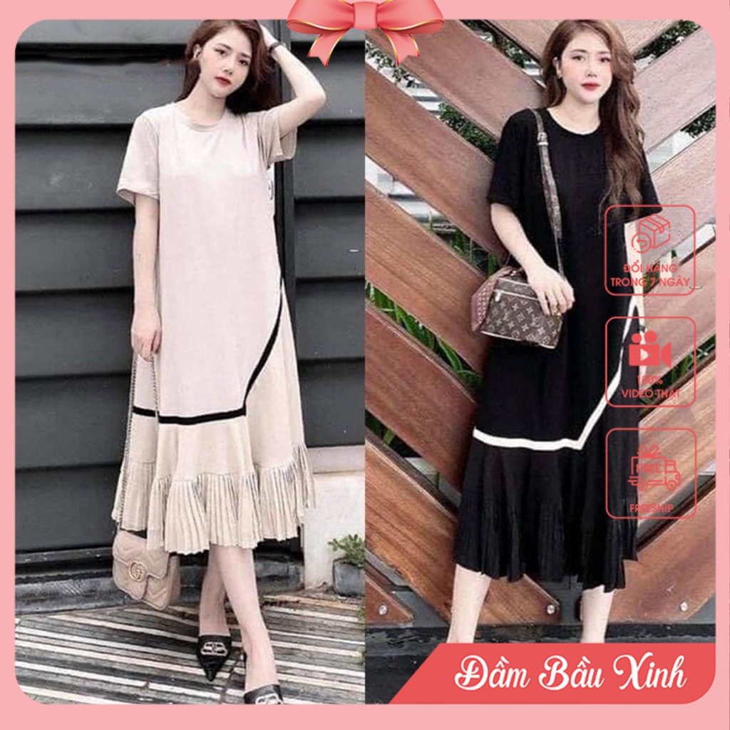 Đầm bầu phối kẻ chéo tay ngắn Váy bầu suông freesize họa tiết sọc hiện đại