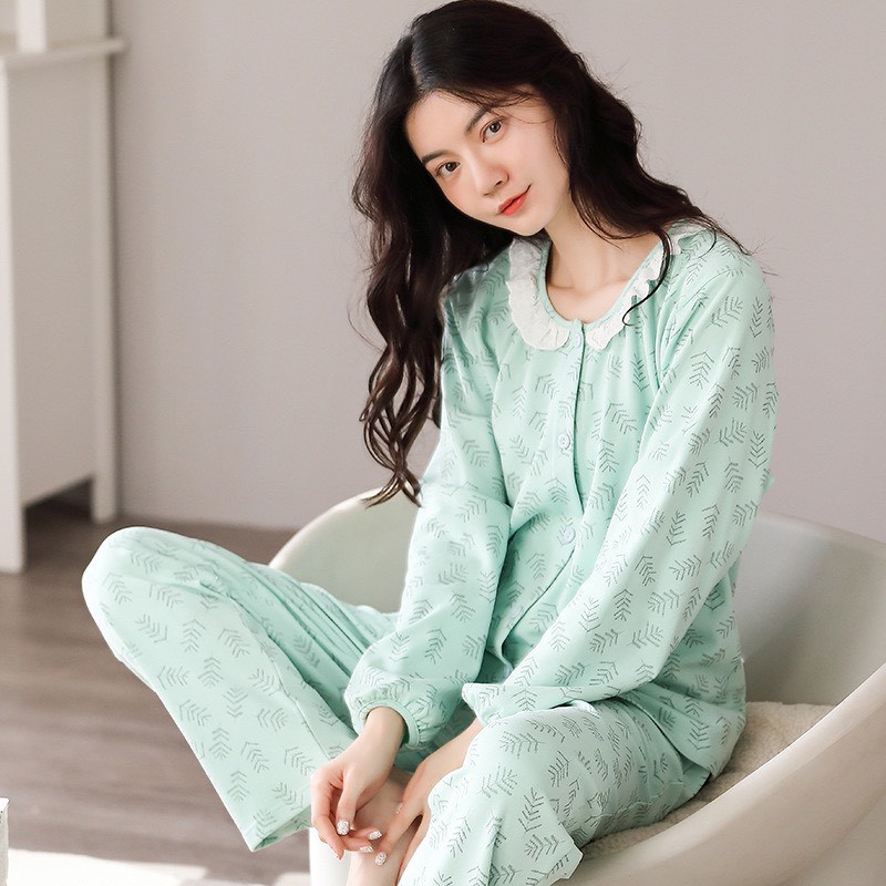 Bộ pijama cổ bèo cotton thu đông mặc nhà Quảng Châu cao cấp co giãn 4 chiều