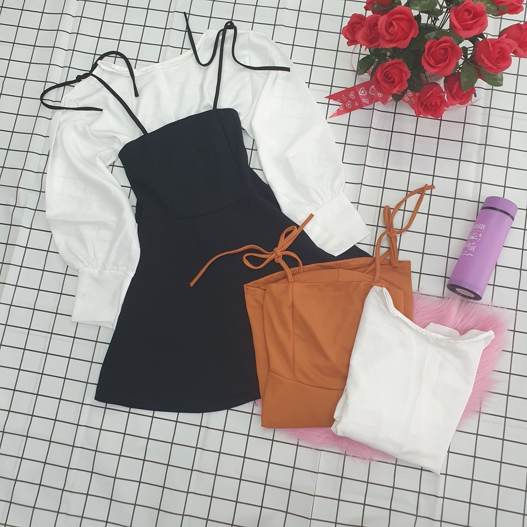 [Mã FAMAYWA2 giảm 10K đơn 50K] Set bộ áo hai dây tay bo voan lụa kết hợp với váy yếm 2 dây dễ thương và cá tính | BigBuy360 - bigbuy360.vn