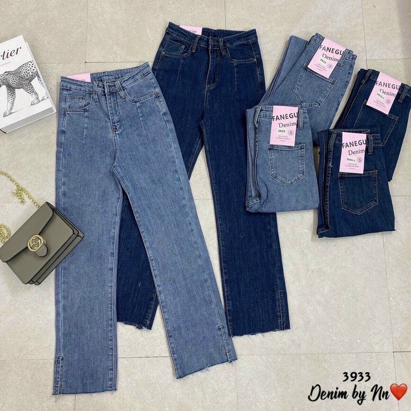 Quần jean nữ ống đứng,quần ống suông lưng cao xẻ gấu bên size SML
