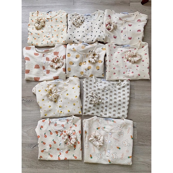 Bộ ngủ đũi xốp nhiều hình cute kèm chun buộc tóc Pea Store -Pyjama đũi xốp nhiều hình kèm chun