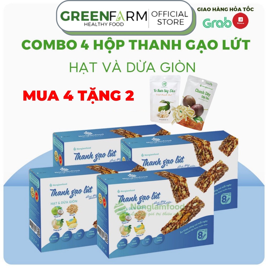 Thanh gạo lứt ngũ cốc dừa giòn Nông Lâm Food hộp 8 thanh 136g hạt đậu phộng,chuối,dừa giòn,vỏ bưởi sấy,ăn kiêng,giảm cân