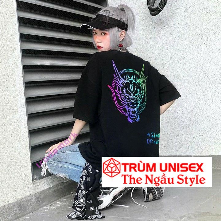 Áo Thun Nam Tay Lỡ form rộng - Áo Thun Overtee - Áo thun Overtee - Áo thun Stee đen Rồng Dragon Phản Quang 7 màu