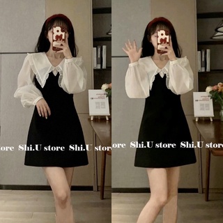 Váy đen dài tay cổ bèo dáng ngắn đầm cổ nhọn phối voan tơ mềm mại siêu xinh ulzzang