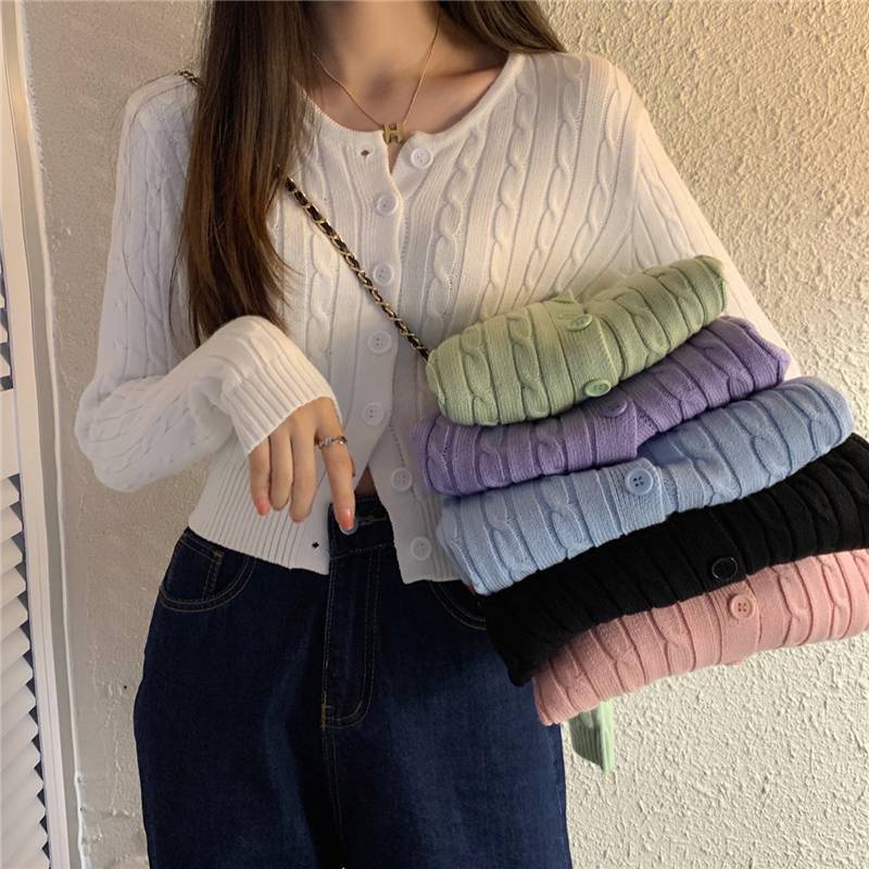 áo len gân khuy tay dài dáng Croptop - áo Len khuy vặn thừng