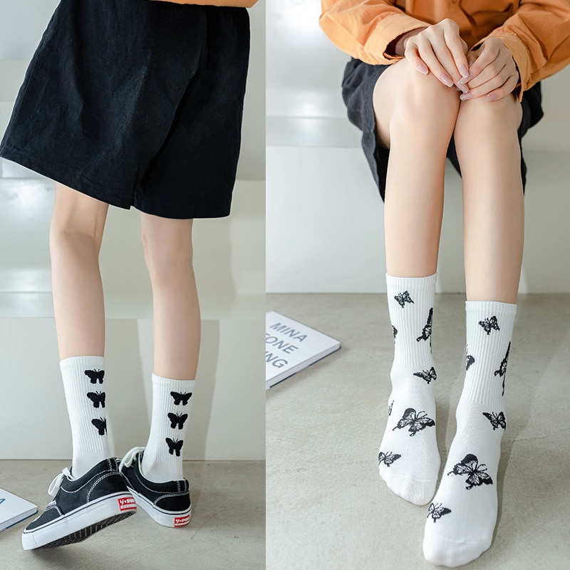 2021 Trend Butterfly Socks White Women Streetwear Harajuku Women Crew Cotton Socks Size 36-42 Japanese Hip-hop Skateboard Socks