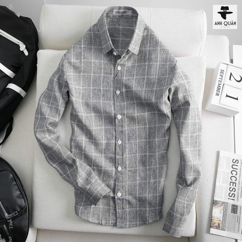 Áo sơ mi nam dài tay chất đũi màu Xám Kẻ Ca Rô chuẩn thiết kế Hàn Quốc from slim