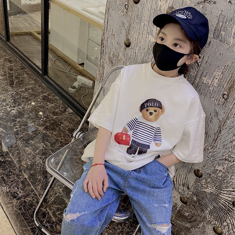 Áo Thun Dáng Rộng Tay Ngắn In Họa Tiết Gấu Hoạt Hình Phong Cách Hàn Quốc Thời Trang Xuân Hè Hàng Mới Dành Cho Trẻ Em 2022