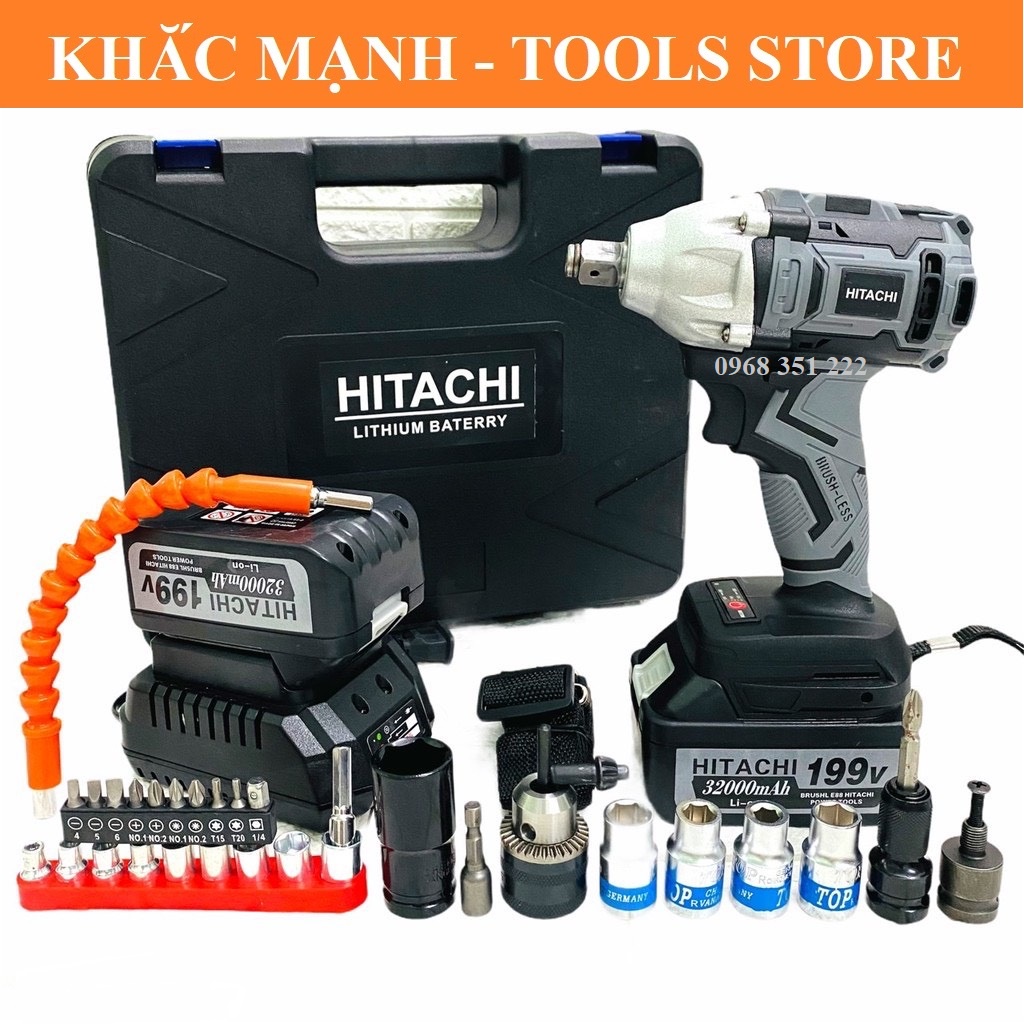 [ Tặng Phụ Kiện ] Máy Siết Bulong HITACHI 199v Loại Chống Va Đập, Tặng Bộ Phụ Kiện Đầy Đủ Như Hình.