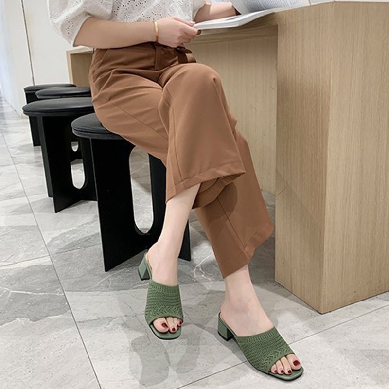 Dép cao gót vừa đế vuông phối lưới thời trang Hàn Quốc dành cho nữ có 4 màu tùy chọn