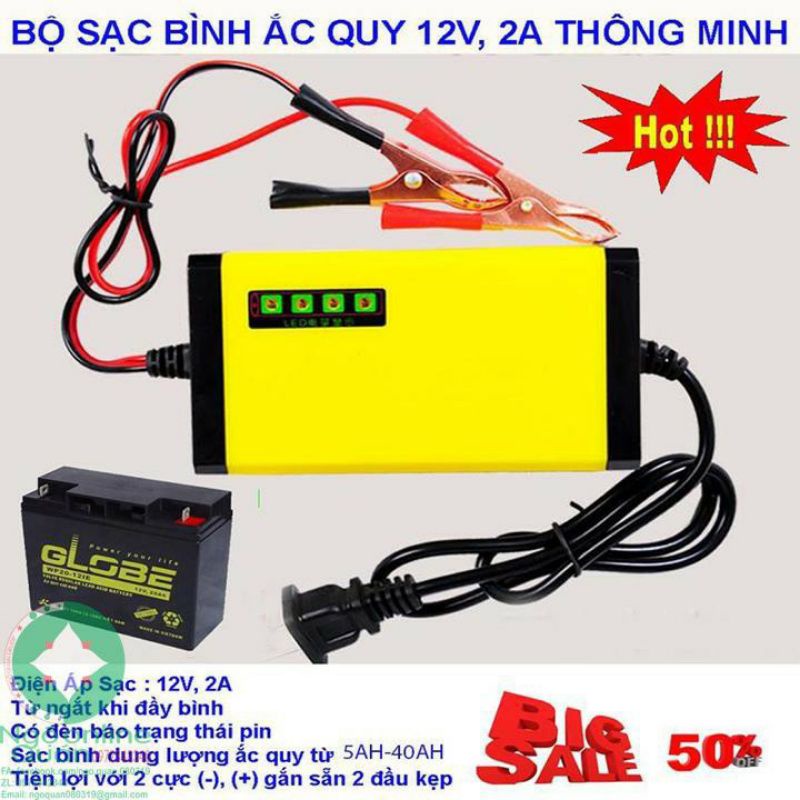 Bộ sạc bình ắc quy cho ô tô xe máy 12V/2A 12Ah-20AH thông minh