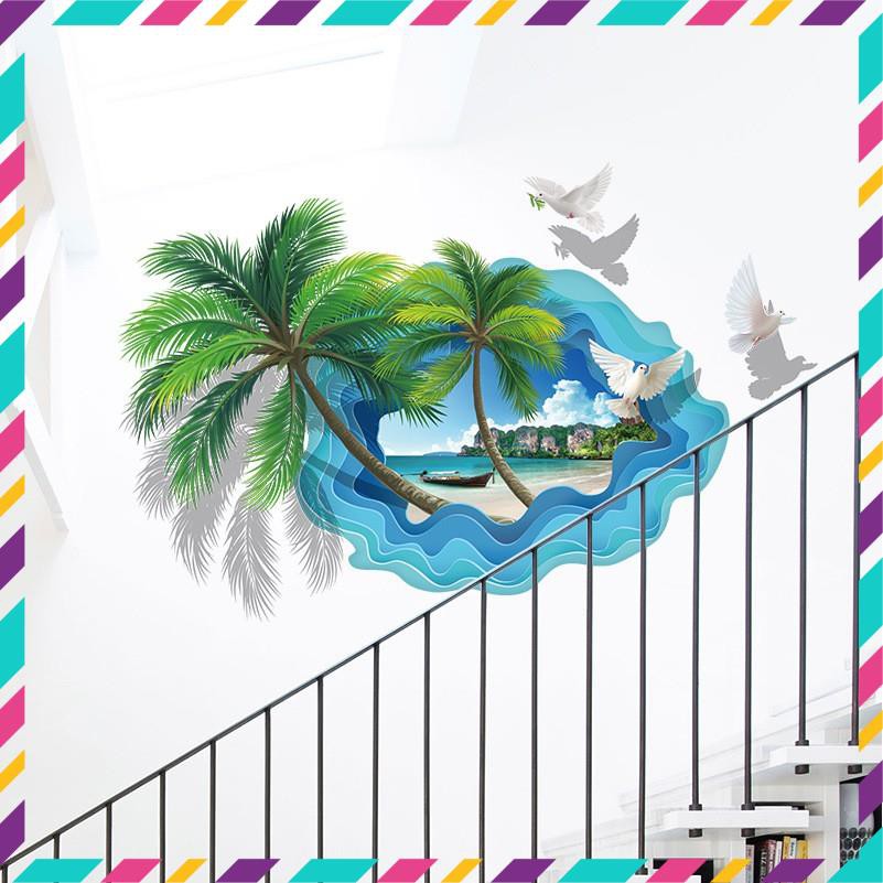 Decal dán tường - Giấy dán tường - Decal 3D Cửa sổ Dừa và biển Zooyoo
