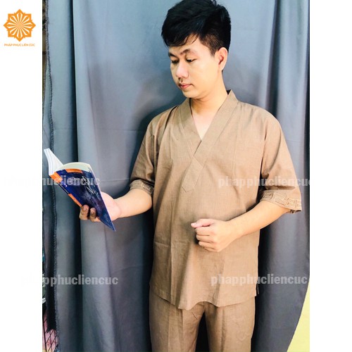 Set quần áo phật tử đi chùa - Đồ lam pháp phục Nhật nam thêu tay vải xô tixi dày dặn Xưởng may Liên Cúc