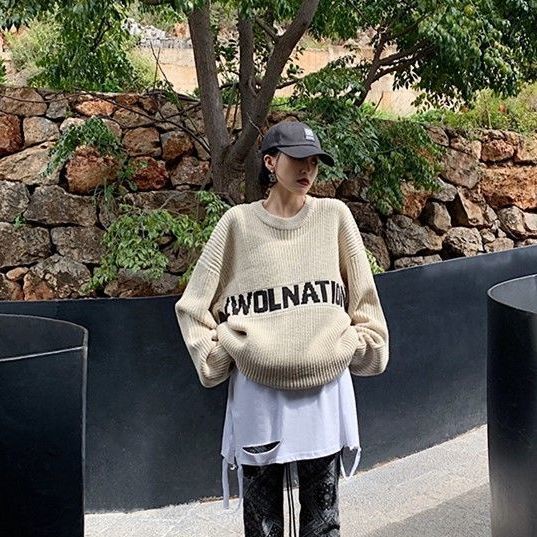 Áo sweater dệt kim dáng rộng cổ tròn in họa tiết chữ cái năng động dễ phối đồ dành cho nữ