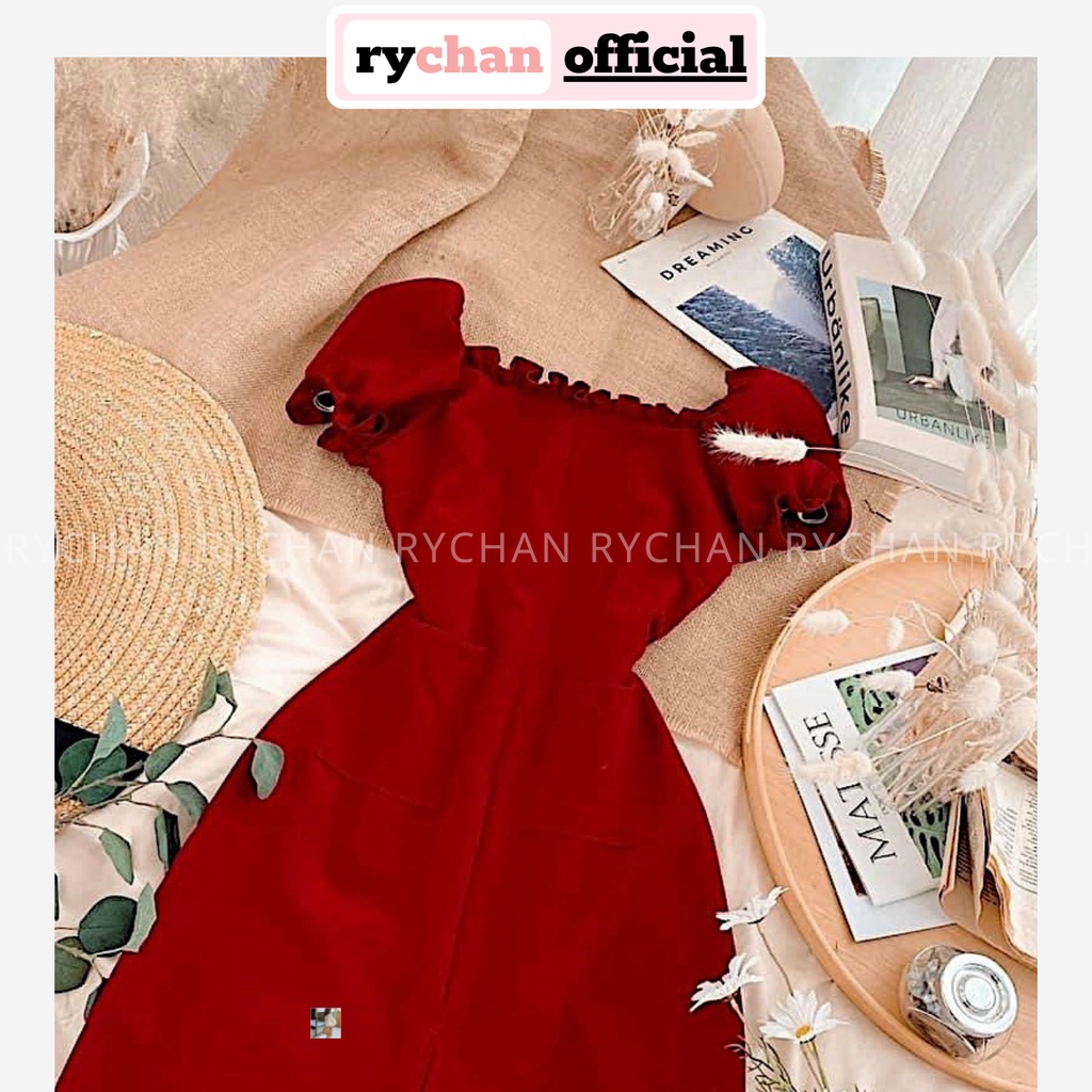 Đầm Xòe Cổ Vuông Viền Bèo Chiết Eo Xẻ Trước 3 Màu Trắng Nude Đỏ [Ảnh Thật Cuối] - DX0099