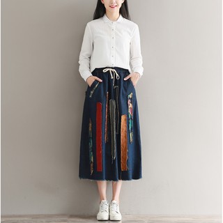 👗👗Chân Váy Denim Dáng Chữ A Lưng Co Giãn Phối Kiểu Chắp Vá Kiểu Hàn Quốc Thời Trang Mùa Thu Cho Nữ Plus Size