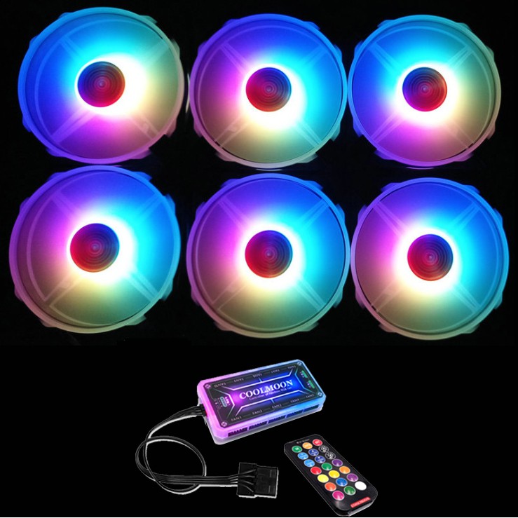 Bộ 6 Quạt Tản Nhiệt, Fan Case Coolmoon V5 Led RGB Rainbow 16 Triệu Màu, 366 Hiệu Ứng - Kèm Bộ Hub Và Remote