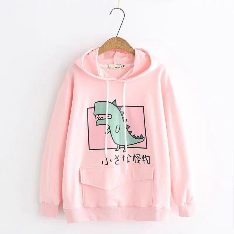 ÁO HOODIE CHUI ĐẦU NỮ MÀU TRẮNG VẢI NỈ HÌNH KHỦNG LONG TÚI VUÔNG | BigBuy360 - bigbuy360.vn
