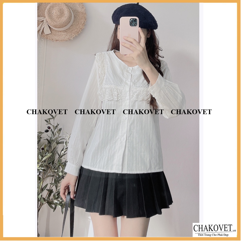 Áo sơ mi nữ dài tay màu trắng A875, kiểu áo nữ cổ tròn thiết kế 2 lớp ren ngực phong cách retro hàn quốc freesize <53kg | BigBuy360 - bigbuy360.vn