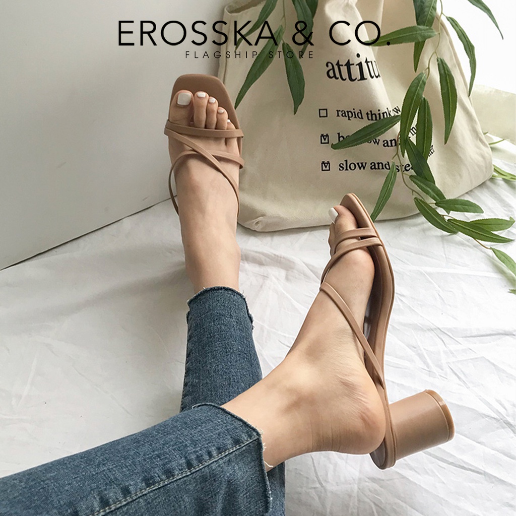 Erosska - Dép cao gót nữ mũi vuông phối dây quai mảnh sang trọng cao 5cm màu nâu - EM092