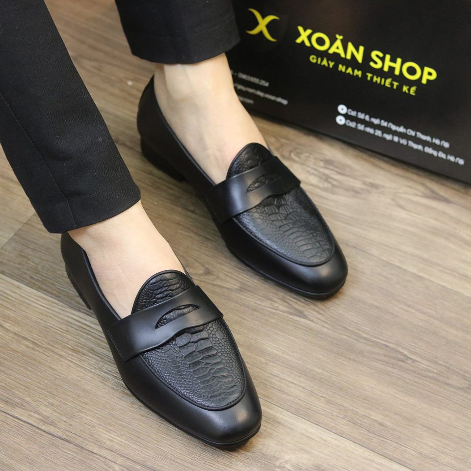 GIÀY LƯỜI NAM DA BÒ 100%, KHÔNG NỔ DA, ĐẾ PHÍP GỖ - MÃ X016 ĐEN
