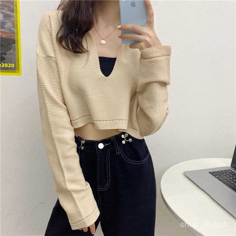 Áo crop top nữ thun tay dài kiểu dáng hàn quốc