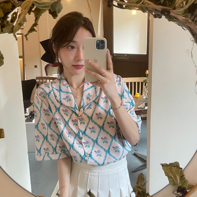 Áo sơ mi ZHELIHANGFEI ngắn tay cổ bẻ họa tiết hoa phong cách sang trọng dễ phối đồ