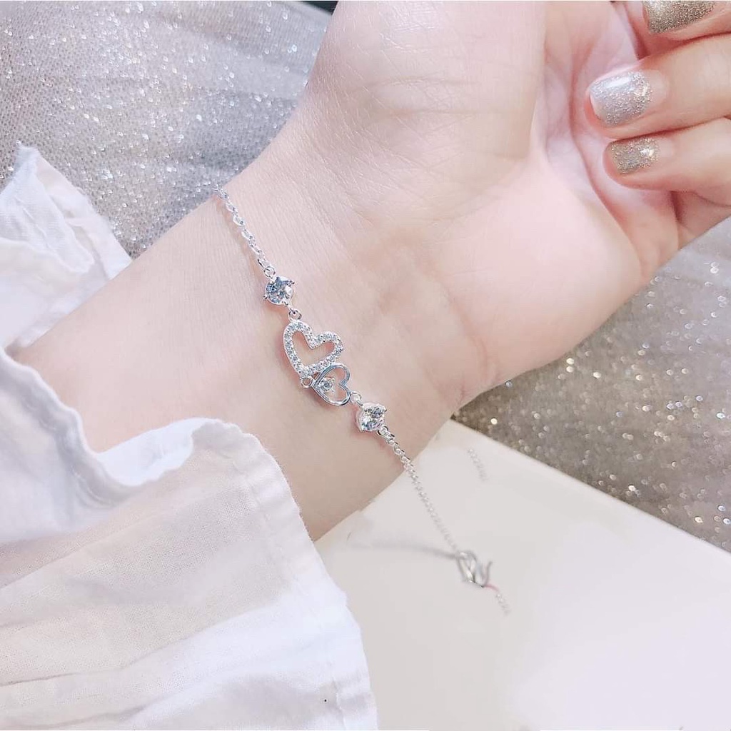 Lắc tay bạc Daria Silver, vòng tay nữ trái tim đôi đính đá lấp lánh Sweet Heart