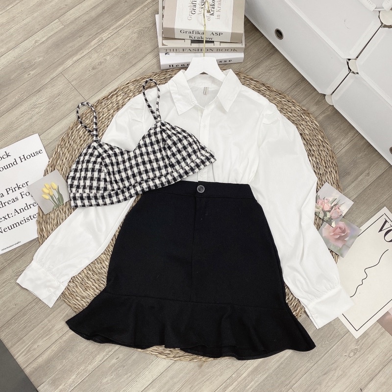 [NEW]SET 3CT áo sơmi mix chân váy đuôi cá+áo 2s kẻ gingham thời thượng