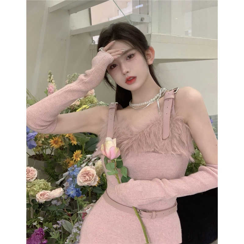 Đầm Dệt Kim Hai Dây Phối Lông Thời Trang Thu Đông 2022